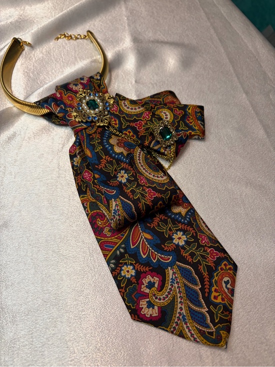 Smithsonian Paisley Multicolor Silk Tie Necklace with Gold Brooch Accent